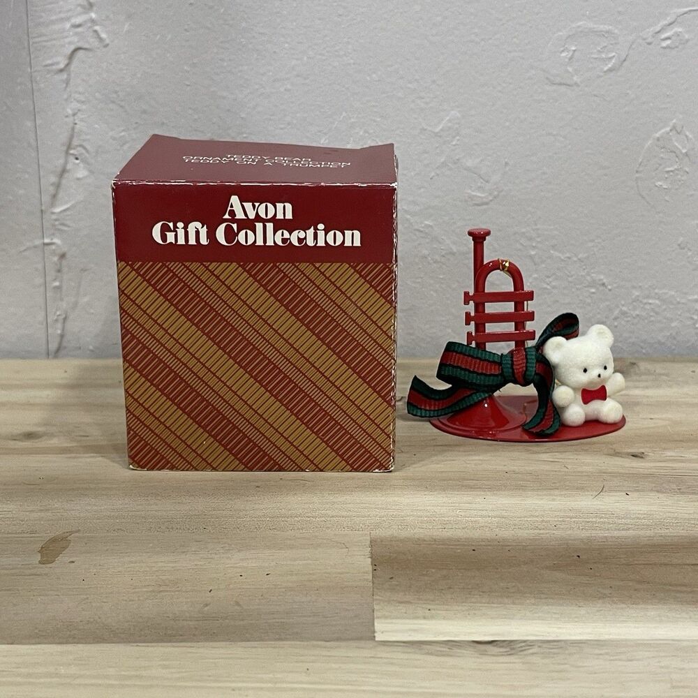 Vintage Avon Teddy Bear Collection Teddy on a Trumpet Red Christmas